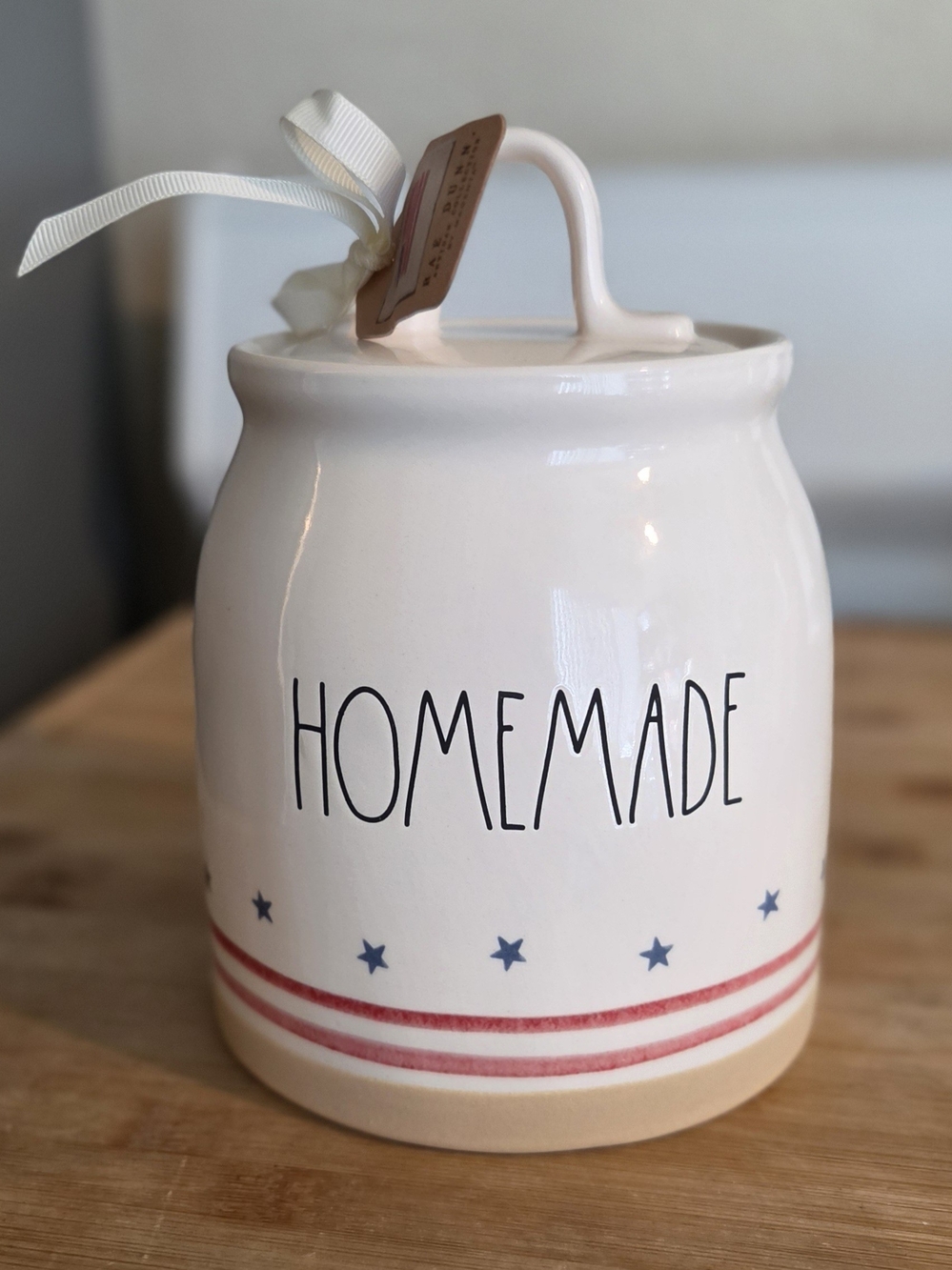 Rae Dunn 250th Anniversary Ceramic "HOMEMADE" Jar with Red Stripes & Blue Stars